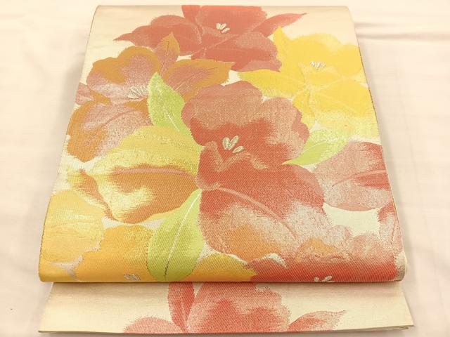 平和屋着物◎六通柄袋帯 草花文 銀糸 正絹 逸品 BAAS7329hz