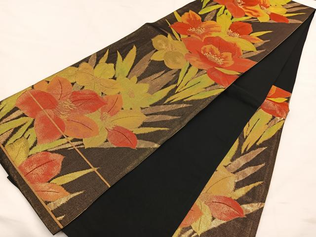 平和屋着物◎六通柄袋帯 草花文 黒地 金糸 正絹 逸品 BAAS7339hz