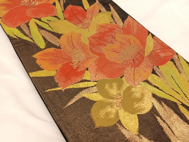 平和屋着物◎六通柄袋帯 草花文 黒地 金糸 正絹 逸品 BAAS7339hz