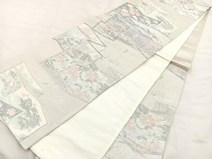 平和屋着物◎六通柄袋帯　屏風風景文　銀糸　正絹　逸品　BAAS7346hz