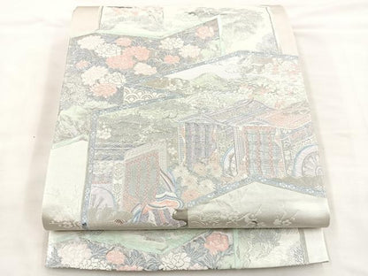 平和屋着物◎六通柄袋帯　屏風風景文　銀糸　正絹　逸品　BAAS7346hz