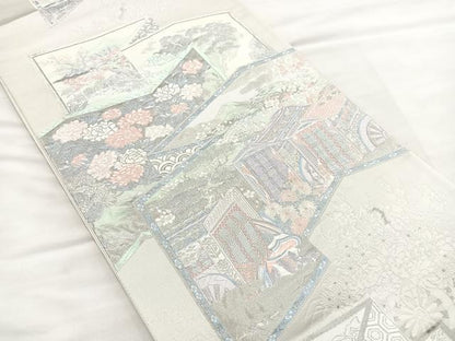 平和屋着物◎六通柄袋帯　屏風風景文　銀糸　正絹　逸品　BAAS7346hz