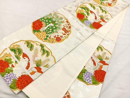 平和屋着物◎六通柄袋帯 孔雀花文 金銀糸 正絹 逸品 BAAS7347hz