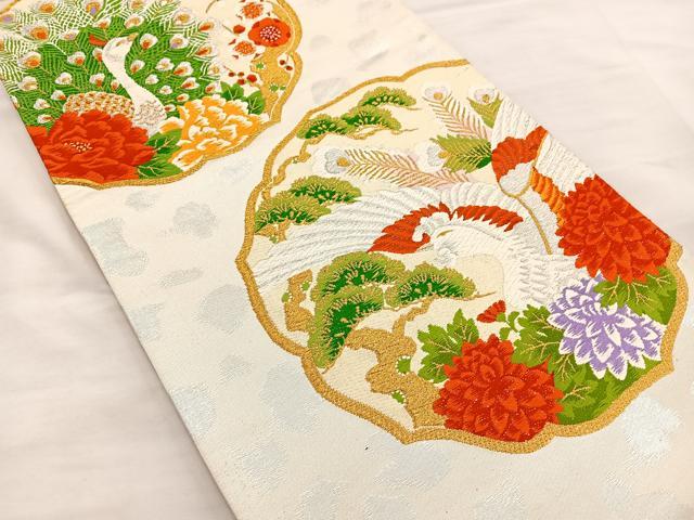 平和屋着物◎六通柄袋帯 孔雀花文 金銀糸 正絹 逸品 BAAS7347hz