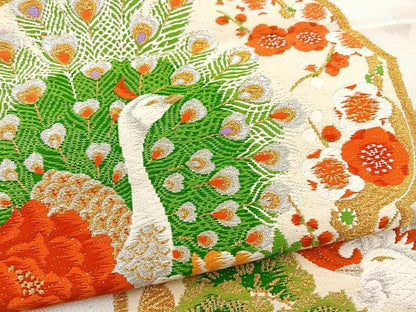 平和屋着物◎六通柄袋帯 孔雀花文 金銀糸 正絹 逸品 BAAS7347hz