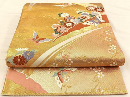 平和屋着物◎佐賀錦 六通柄袋帯 唐織 雪芝花蝶文 金糸 正絹 逸品 BAAS7521xa