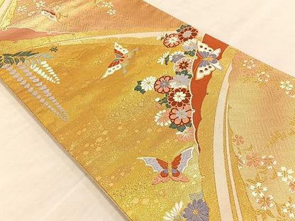 平和屋着物◎佐賀錦 六通柄袋帯 唐織 雪芝花蝶文 金糸 正絹 逸品 BAAS7521xa