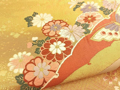 平和屋着物◎佐賀錦 六通柄袋帯 唐織 雪芝花蝶文 金糸 正絹 逸品 BAAS7521xa
