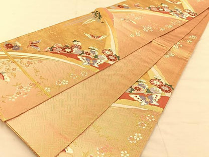 平和屋着物◎佐賀錦 六通柄袋帯 唐織 雪芝花蝶文 金糸 正絹 逸品 BAAS7521xa