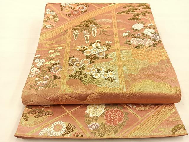 平和屋着物◎六通柄袋帯 唐織 小倉錦障壁文 金糸 正絹 逸品 BAAS7531xa