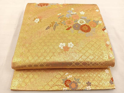 平和屋着物◎六通柄袋帯 唐織 草花文 金糸 正絹 逸品 BAAS7534xa