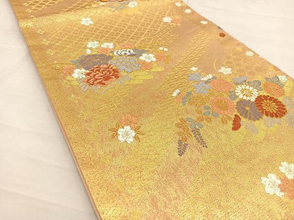 平和屋着物◎六通柄袋帯 唐織 草花文 金糸 正絹 逸品 BAAS7534xa
