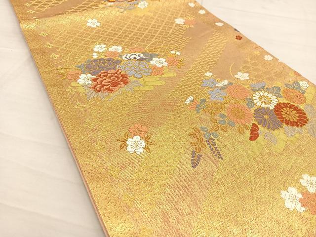 平和屋着物◎六通柄袋帯 唐織 草花文 金糸 正絹 逸品 BAAS7534xa
