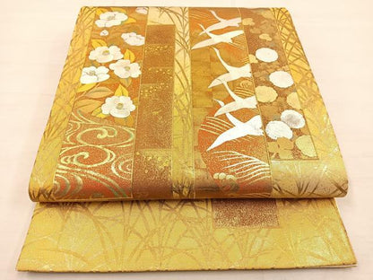 平和屋着物◎六通柄袋帯 駒刺繍 短冊花鳥文 金銀彩 引箔 正絹 逸品 BAAS7537xa
