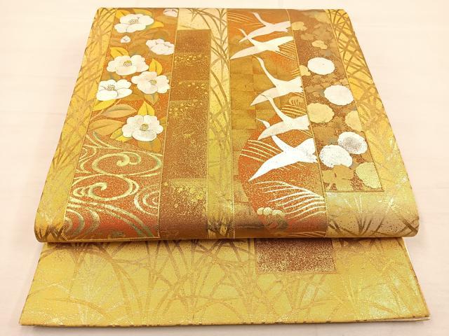平和屋着物◎六通柄袋帯 駒刺繍 短冊花鳥文 金銀彩 引箔 正絹 逸品 BAAS7537xa