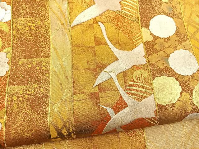 平和屋着物◎六通柄袋帯 駒刺繍 短冊花鳥文 金銀彩 引箔 正絹 逸品 BAAS7537xa
