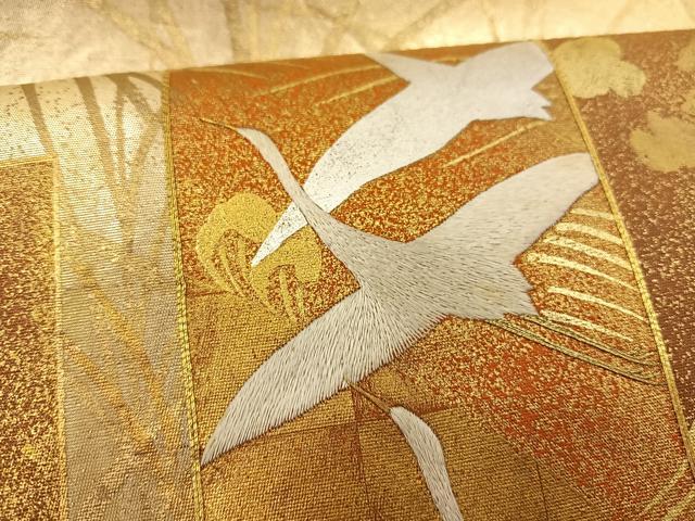 平和屋着物◎六通柄袋帯 駒刺繍 短冊花鳥文 金銀彩 引箔 正絹 逸品 BAAS7537xa