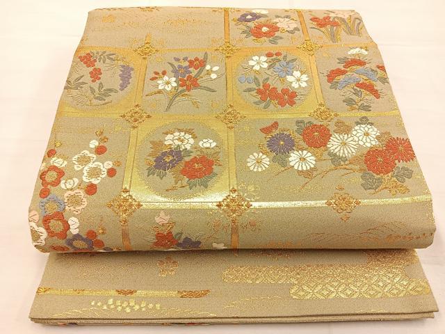 平和屋着物◎六通柄袋帯 唐織 天井草花文 正絹 逸品 BAAS7542xa