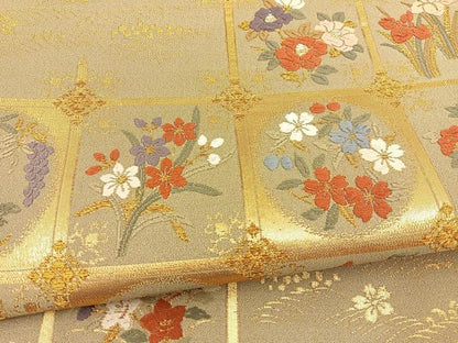 平和屋着物◎六通柄袋帯 唐織 天井草花文 正絹 逸品 BAAS7542xa