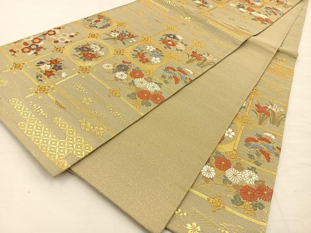 平和屋着物◎六通柄袋帯 唐織 天井草花文 正絹 逸品 BAAS7542xa