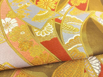 平和屋着物◎六通柄袋帯　唐織　束ね熨斗吉祥文　金糸　引箔　正絹　逸品　BAAS7561xa