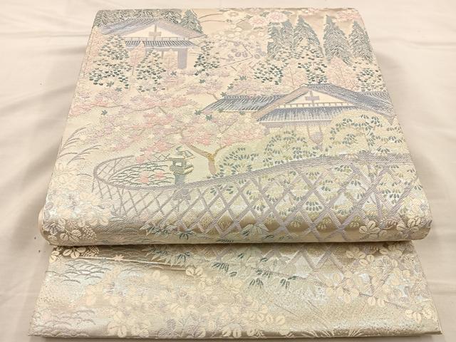 平和屋着物◎六通柄袋帯 唐織 風景文 銀糸 正絹 逸品 BAAS7567xa