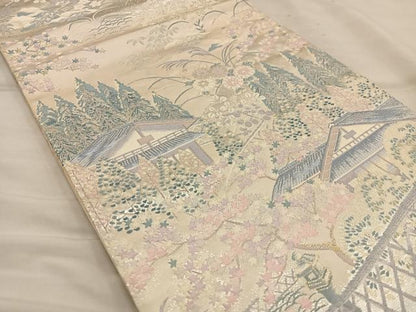 平和屋着物◎六通柄袋帯 唐織 風景文 銀糸 正絹 逸品 BAAS7567xa