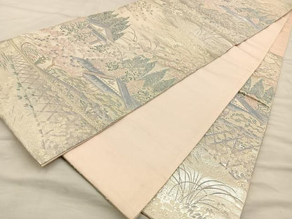 平和屋着物◎六通柄袋帯 唐織 風景文 銀糸 正絹 逸品 BAAS7567xa