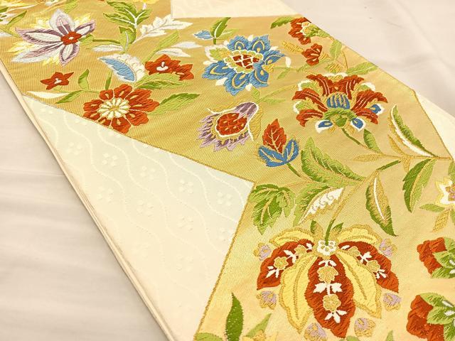 平和屋着物◎六通柄袋帯 唐織 切嵌更紗花文 金糸 正絹 逸品 BAAS7581xa