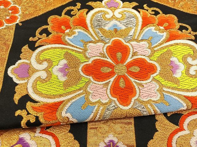平和屋着物◎六通柄袋帯 唐織 亀甲花文 黒字 金銀糸 正絹 逸品 BAAS7585xa
