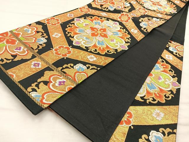 平和屋着物◎六通柄袋帯 唐織 亀甲花文 黒字 金銀糸 正絹 逸品 BAAS7585xa