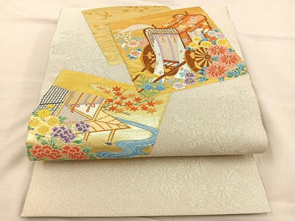 平和屋着物◎太鼓柄袋帯 綴れ 色紙御所車花文 金銀糸 正絹 逸品 BAAS7586xa