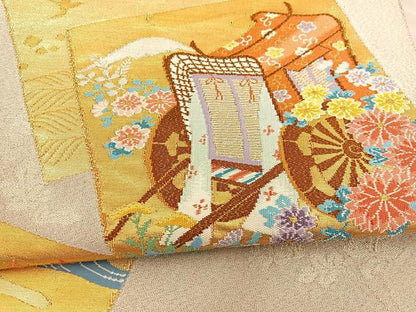 平和屋着物◎太鼓柄袋帯 綴れ 色紙御所車花文 金銀糸 正絹 逸品 BAAS7586xa