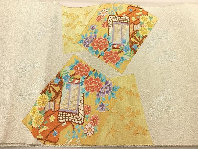 平和屋着物◎太鼓柄袋帯 綴れ 色紙御所車花文 金銀糸 正絹 逸品 BAAS7586xa
