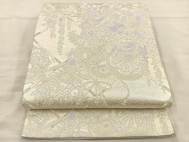 平和屋着物◎六通柄袋帯 唐織 草花文 銀糸 正絹 逸品 BAAS7599xa
