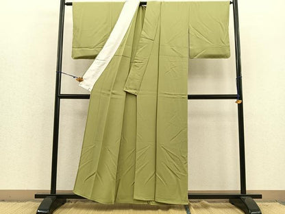 平和屋着物▽上質な色無地 単衣 柳色 正絹 逸品 BAAS7878yc