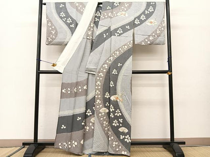 平和屋着物▽訪問着 単衣 絞り 刺繍 七宝地紋 流線花文 金糸 正絹 逸品 BAAS8005yc