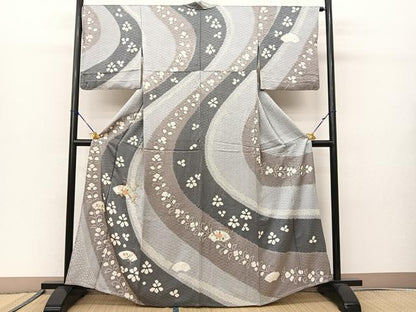 平和屋着物▽訪問着 単衣 絞り 刺繍 七宝地紋 流線花文 金糸 正絹 逸品 BAAS8005yc