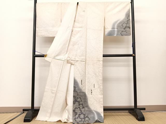 平和屋着物▽訪問着 本場染大島紬 単衣 白大島 ロング丈 破れ熨斗桜文 宮之原織物謹製 証紙付き 正絹 逸品 BAAS8009yc