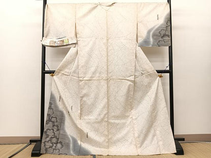 平和屋着物▽訪問着 本場染大島紬 単衣 白大島 ロング丈 破れ熨斗桜文 宮之原織物謹製 証紙付き 正絹 逸品 BAAS8009yc