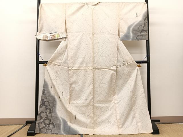 平和屋着物▽訪問着 本場染大島紬 単衣 白大島 ロング丈 破れ熨斗桜文 宮之原織物謹製 証紙付き 正絹 逸品 BAAS8009yc