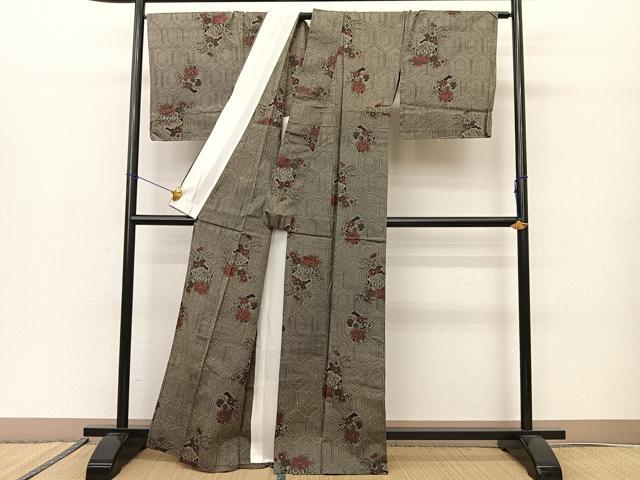 平和屋着物▽上質な紬 　単衣　亀甲花文　黒地 　正絹　逸品　未使用　BAAS8019yc