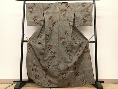 平和屋着物▽上質な紬 　単衣　亀甲花文　黒地 　正絹　逸品　未使用　BAAS8019yc
