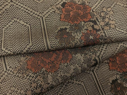 平和屋着物▽上質な紬 　単衣　亀甲花文　黒地 　正絹　逸品　未使用　BAAS8019yc
