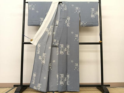 平和屋着物▽上質な小紋　付下げ　単衣　色紙桜文　正絹　逸品　BAAS8045yc