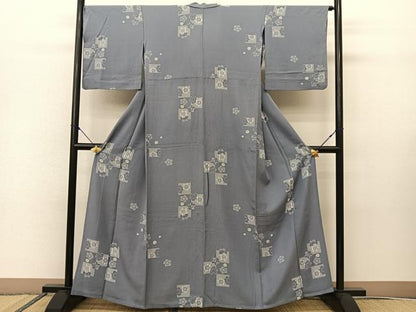 平和屋着物▽上質な小紋　付下げ　単衣　色紙桜文　正絹　逸品　BAAS8045yc