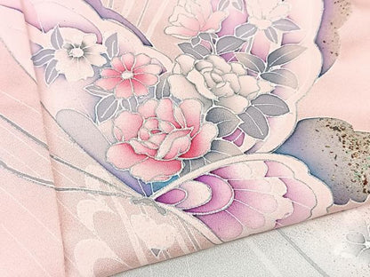 平和屋着物▽訪問着 単衣 花蝶文 暈し染め 金銀彩 正絹 逸品 BAAS8068yc