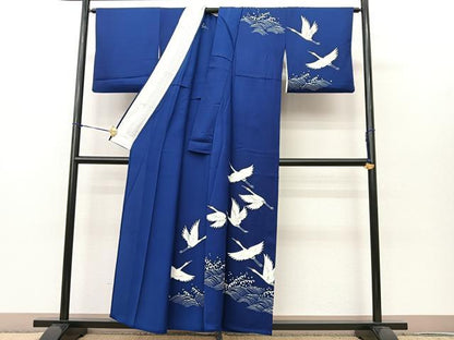 平和屋着物▽訪問着　単衣　手描き　立波飛鶴文　正絹　逸品　BAAS8186yc