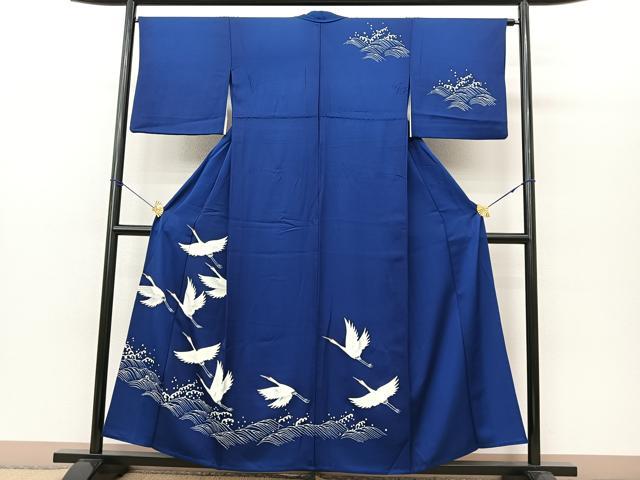 平和屋着物▽訪問着　単衣　手描き　立波飛鶴文　正絹　逸品　BAAS8186yc