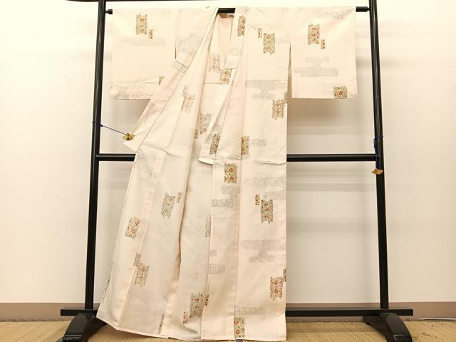 平和屋着物▽上質な紬　単衣　ヱ霞更紗花文　正絹　逸品　BAAS8195yc